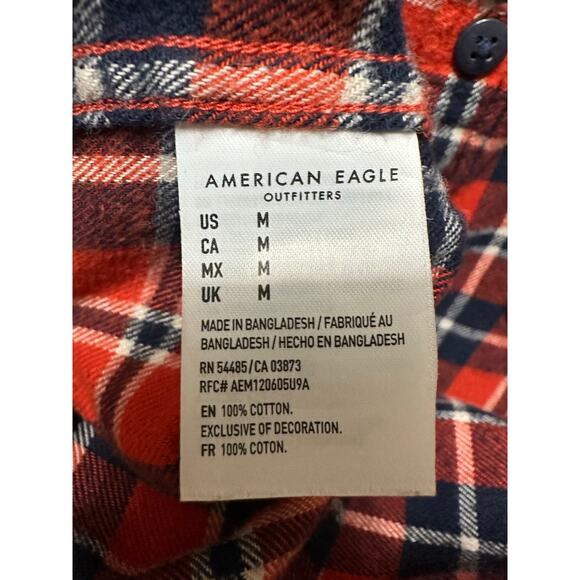American Eagle Flannel Button Down - Orange/Navy Plaid - Size M Medium Men - Picture 8 of 10
